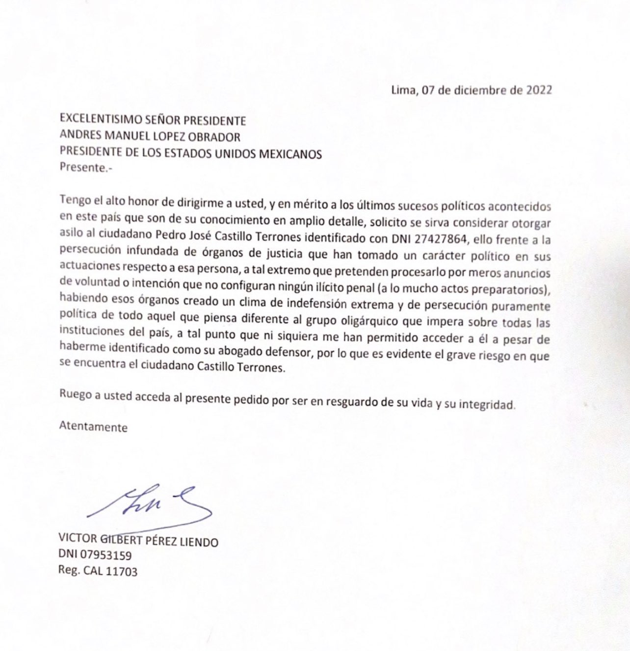 Carta Pedro Castillo asilo político en México