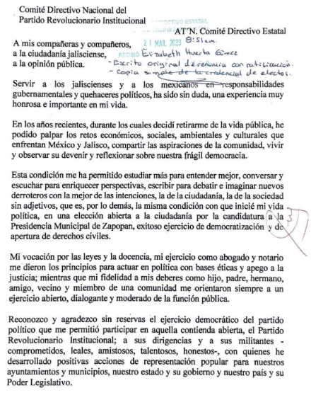 Carta Arturo Zamora Jiménez PRI